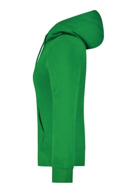 A green ladies hooded sweatshirt with a side view, featuring a hood and pockets, and has a logo.