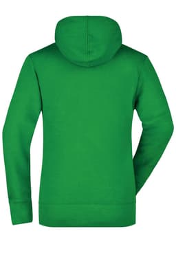 A green ladies' hooded sweatshirt with a smooth finish and a hood, featuring a logo on the back.