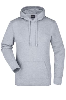 A grey hooded sweatshirt with a kangaroo pocket and drawstring hood, featuring a small logo.