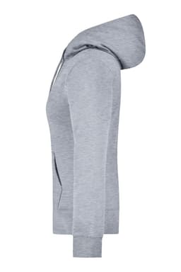 A grey ladies hooded sweatshirt with a full zip, featuring a hood and front pockets, displayed from the side.