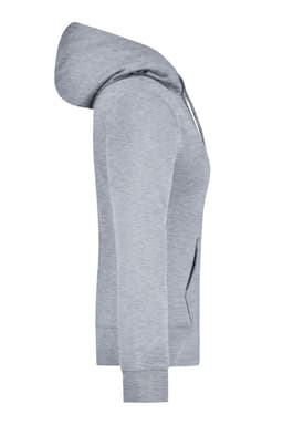 A grey ladies hooded sweatshirt with long sleeves and a front pocket, featuring a hood and a logo.