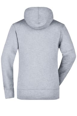 A grey hooded sweatshirt with a plain back and long sleeves, featuring a logo on the lower area.