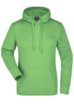 A green hooded sweatshirt featuring a front pocket and a drawstring hood. It includes a brand logo.