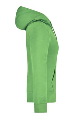 A green ladies hooded sweatshirt with a kangaroo pocket and a contrasting inner lining. It features a logo.