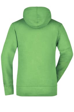 A green hooded sweatshirt featuring a back view with a hood and long sleeves. It has a logo on the back.