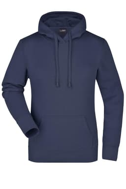A navy blue hooded sweatshirt with a front pocket and drawstrings, featuring a logo on the chest.