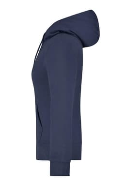 A navy ladies hooded sweatshirt displayed from the side, featuring a front pocket and ribbed cuffs.