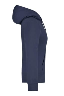 A navy ladies hooded sweatshirt with a full-length zip and a hood, featuring a logo on the front.