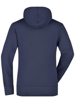 A navy ladies hooded sweatshirt featuring a rear view. It has long sleeves and a hood.