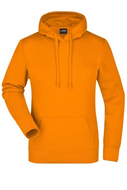 A vibrant orange hooded sweatshirt with a front pocket and drawstring hood, featuring a logo on the label.