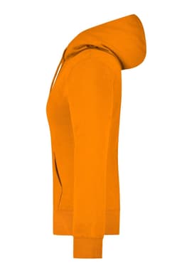 An orange hooded sweatshirt featuring a front pocket and a zip closure, seen from the side.