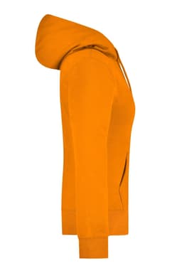 An orange hooded sweatshirt with a zip front and a kangaroo pocket. It features a logo on the chest.