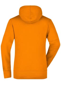 An orange hooded sweatshirt with a back view, featuring a hood and long sleeves. It includes a logo.