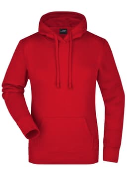 A red hooded sweatshirt for women featuring a front pouch pocket and drawstrings. Includes a logo on the label.