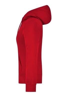 A red hooded sweatshirt featuring long sleeves and a front pocket, with a logo on the design.