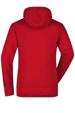 A red hooded sweat jumper with a solid colour design and a logo on the back.