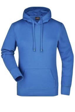 A blue hooded sweatshirt with a front pocket and drawstrings, featuring a logo on the label.