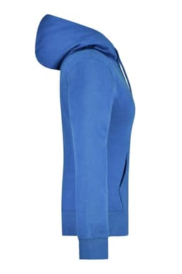 A blue ladies hooded sweatshirt with a front pocket and a hood, featuring a logo.