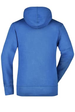 A blue hooded sweatshirt with a smooth finish, featuring a hood and long sleeves, and a branding logo.