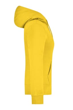 A yellow ladies hooded sweatshirt featuring a front pocket and a hood, with a logo on the front.