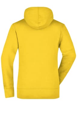 A yellow ladies hooded sweatshirt featuring a logo on the back and long sleeves.