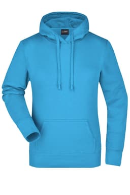 A turquoise hooded sweatshirt features a front pocket and drawstring hood, with a small logo on the label.