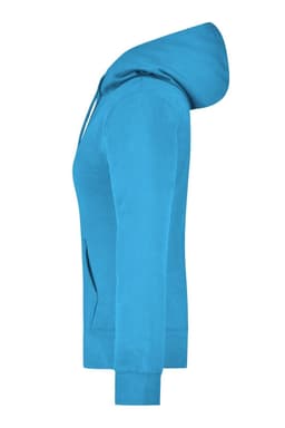 A ladies hooded sweatshirt in vibrant blue, featuring a front pocket and a hood. Includes a logo.