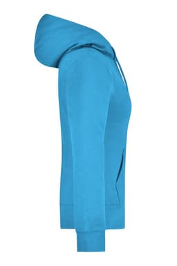 A blue hooded sweatshirt featuring long sleeves and a front pocket, with a logo on the chest.