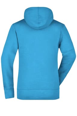 A bright blue hooded sweatshirt with a seamless back and a hood. Features a logo.