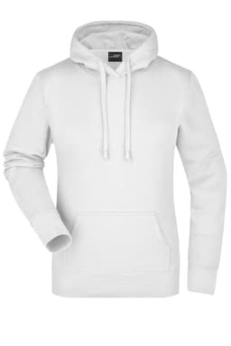 A white ladies hooded sweatshirt featuring a front pocket and a logo on the label.