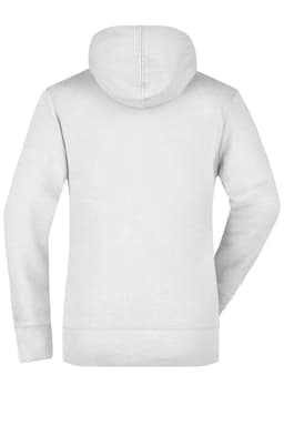 A light grey hooded sweatshirt, featuring a kangaroo pocket and a logo on the back.