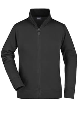A black ladies jacket featuring a zip front and a stand-up collar, with one hand positioned on the hip.