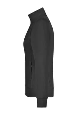 A black ladies jacket featuring a zip front and high collar. The jacket has a fitted style and side pockets.
