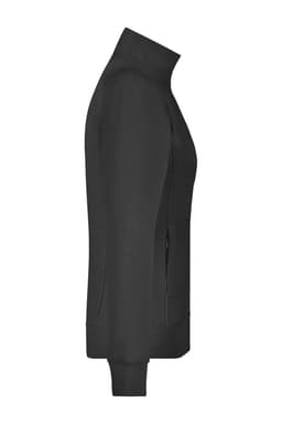 A black ladies jacket with a high collar and side pockets, featuring a subtle logo.