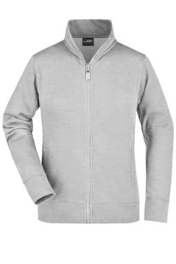 A grey zip-up ladies jacket with a collar and long sleeves. It features a logo on the chest area.