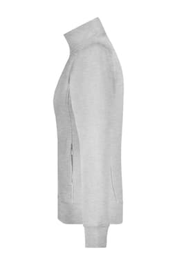 A ladies' jacket in light grey, featuring a zip closure and side pockets. It has a high collar and long sleeves.