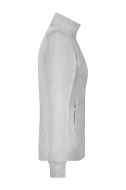 A light grey ladies' jacket with a zippered front and high collar, featuring a sleek, fitted design.