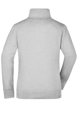 A grey ladies jacket with a high collar, featuring long sleeves and a plain back. It has a logo.