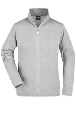 A grey ladies jacket with a zip front and a high collar, featuring long sleeves and a fitted design.