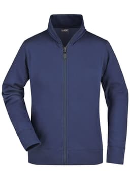 A navy ladies jacket with a full zip, high collar, and long sleeves. It features a logo on the chest.