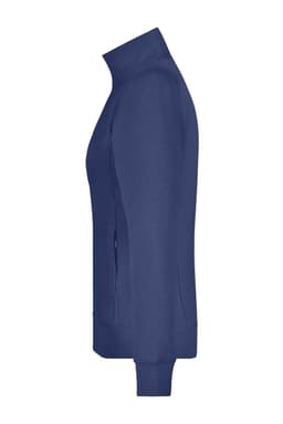 A navy ladies jacket with a high collar and side pockets, featuring a logo on the front.