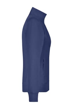 A side view of a navy ladies jacket featuring a high collar and side pockets. It includes a branding logo.