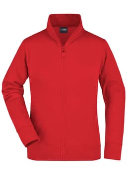 A red ladies jacket with a zip front and high collar, featuring long sleeves and a clean design.