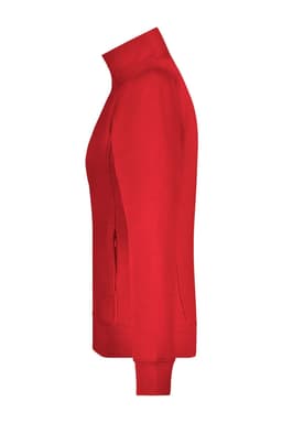 A red ladies jacket with a high collar and zippered pockets, featuring a logo on the side.