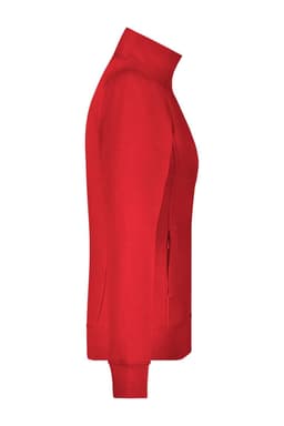A red ladies jacket with a zip, featuring a high collar and side pockets. It has a logo on the front.