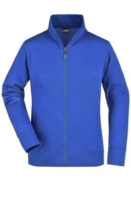 A blue ladies jacket with a zip front and a collar. It has long sleeves and features a logo.