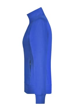 A ladies jacket in vibrant blue with a high collar and zippered pockets, featuring one logo.