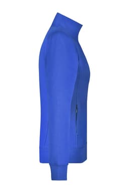 A blue ladies jacket featuring a high collar and side pockets, with a logo on the side.