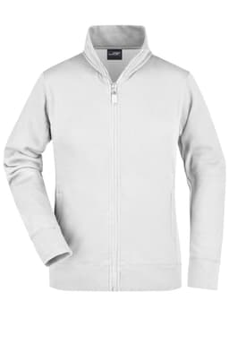 A light grey ladies jacket with a zip front and high collar. The jacket features long sleeves and has a logo.