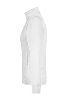 A white ladies jacket with a high collar, featuring side zip pockets and fitted cuffs. It has a simple design with a logo.